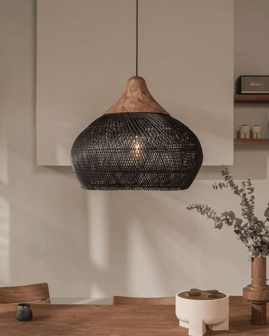 Levana Rattan Fabric Pendant Light With Wood Trim For Modern Home Decor