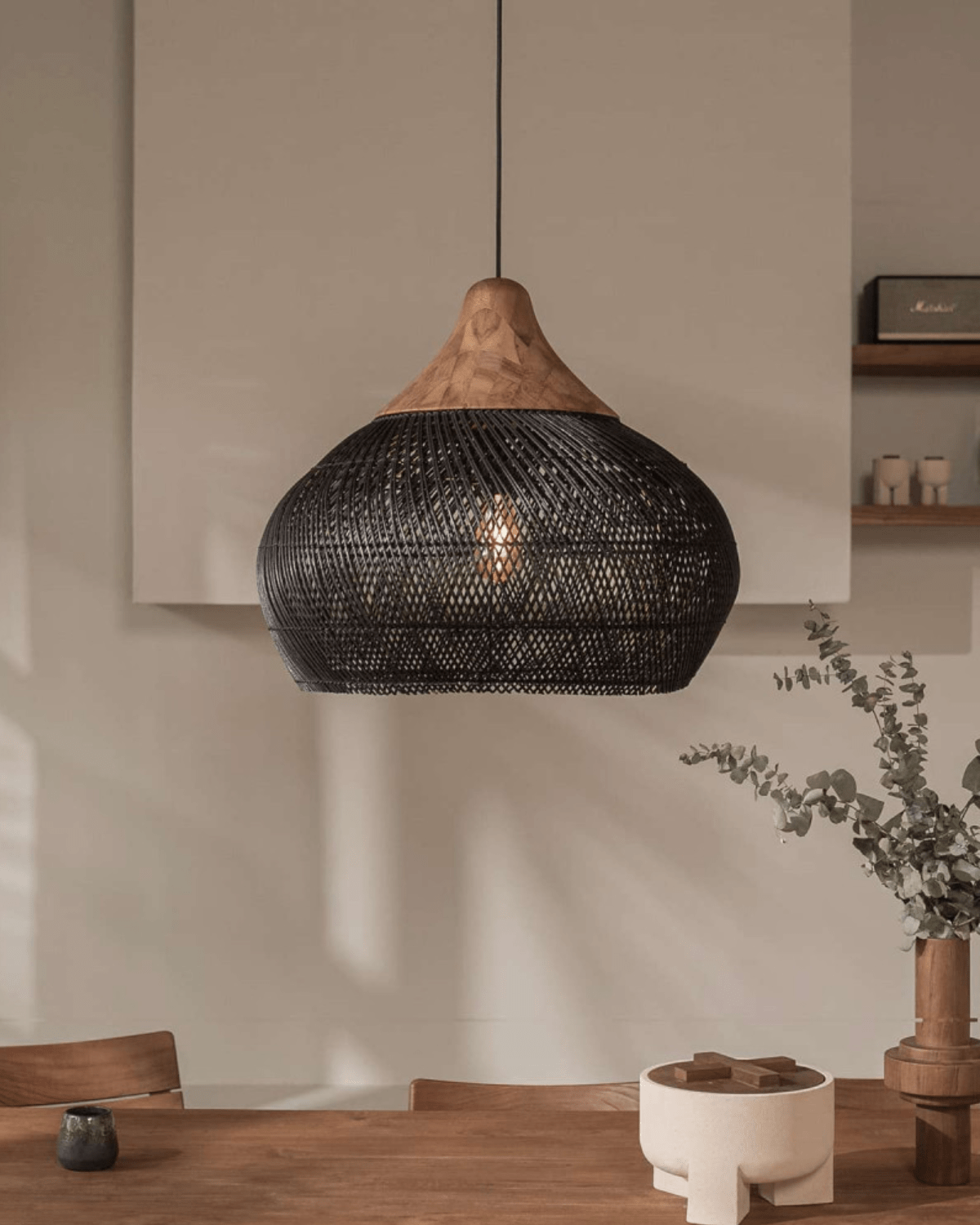 Levana Rattan Fabric Pendant Light With Wood Trim For Modern Home Decor