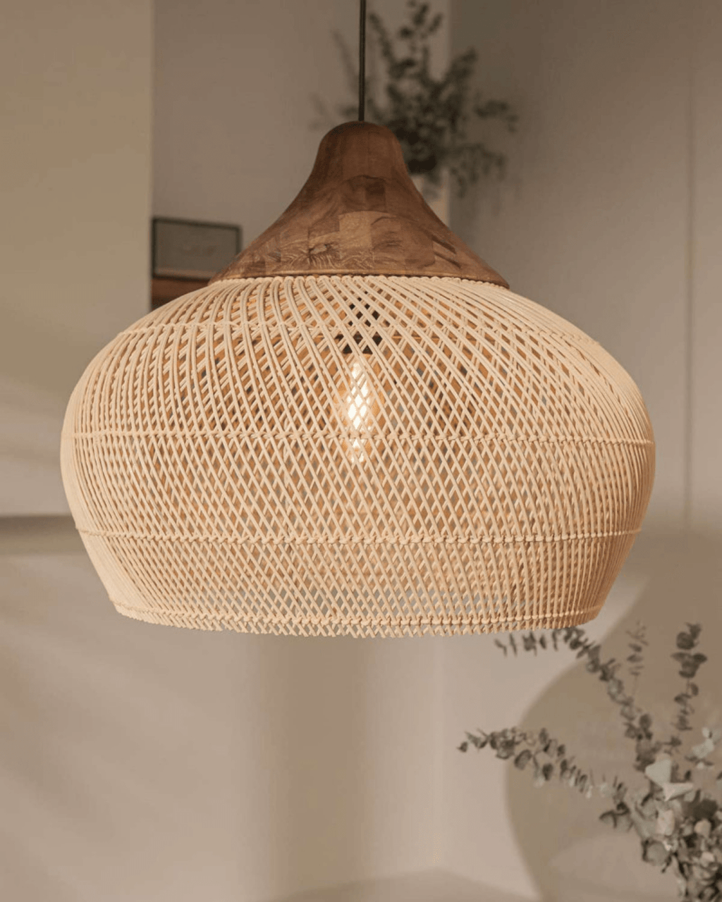 Levana Rattan Fabric Pendant Light With Wood Trim For Modern Home Decor