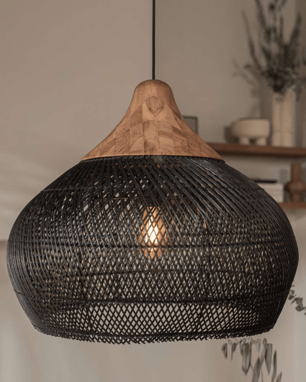 Levana Rattan Fabric Pendant Light With Wood Trim For Modern Home Decor