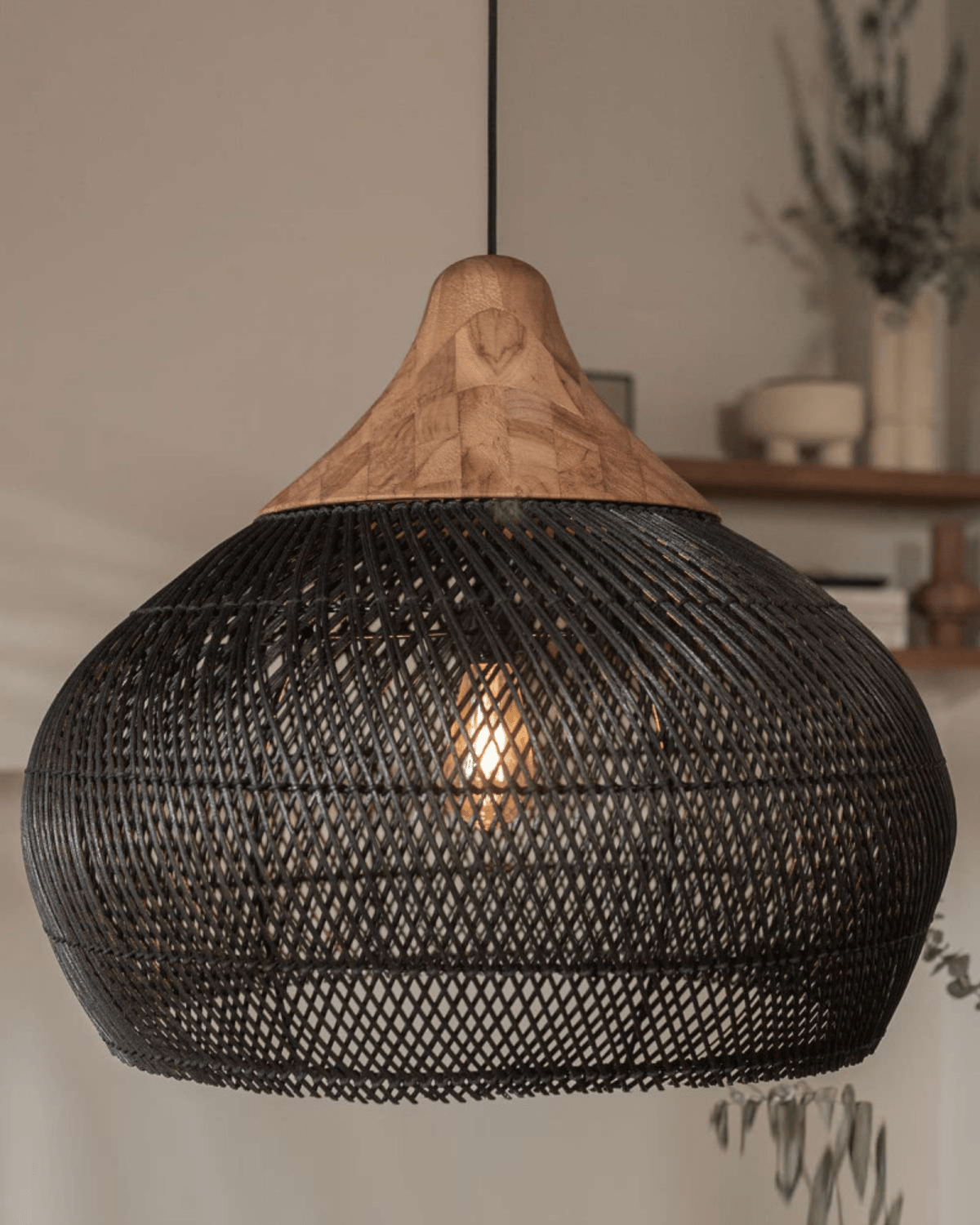Levana Rattan Fabric Pendant Light With Wood Trim For Modern Home Decor