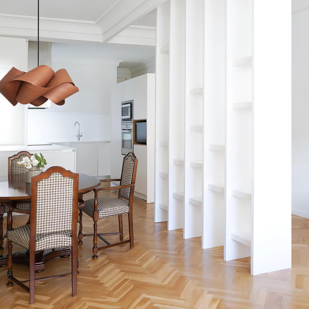Elara Pendant Light With Woodgrain Finish For Dining Room Ambience