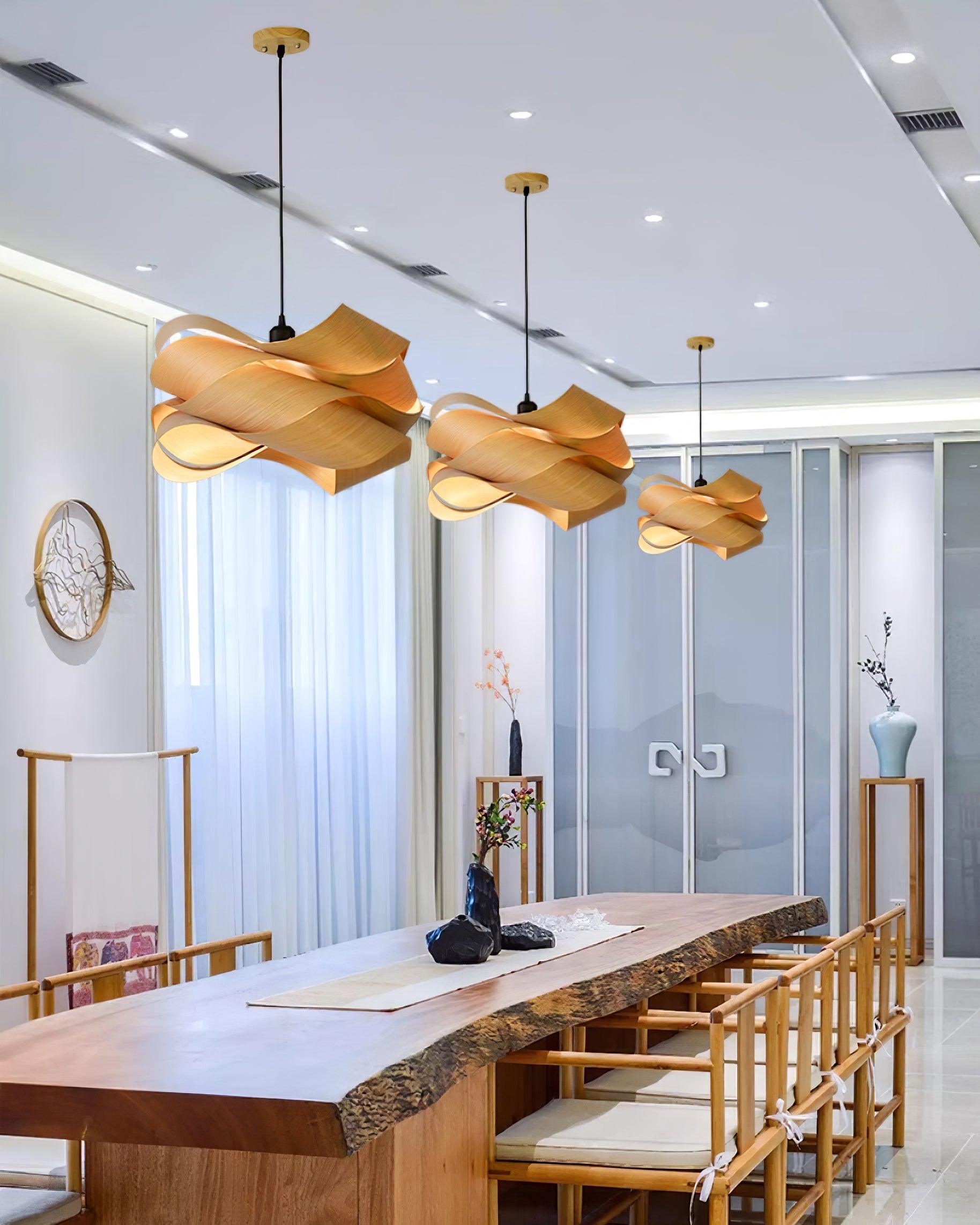 Elara Pendant Light With Woodgrain Finish For Dining Room Ambience